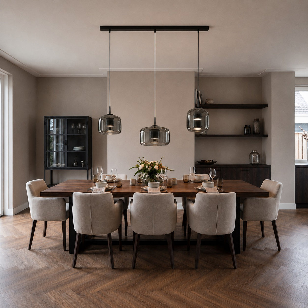 Modern Hanging Pendant Light Adjustable Black Iron Frame Hand-Blown Glass LED