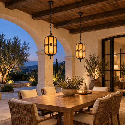 Traditional Outdoor Hanging Light with Faux Alabaster Panels &amp; Sandblasted Black Aluminium Frame
