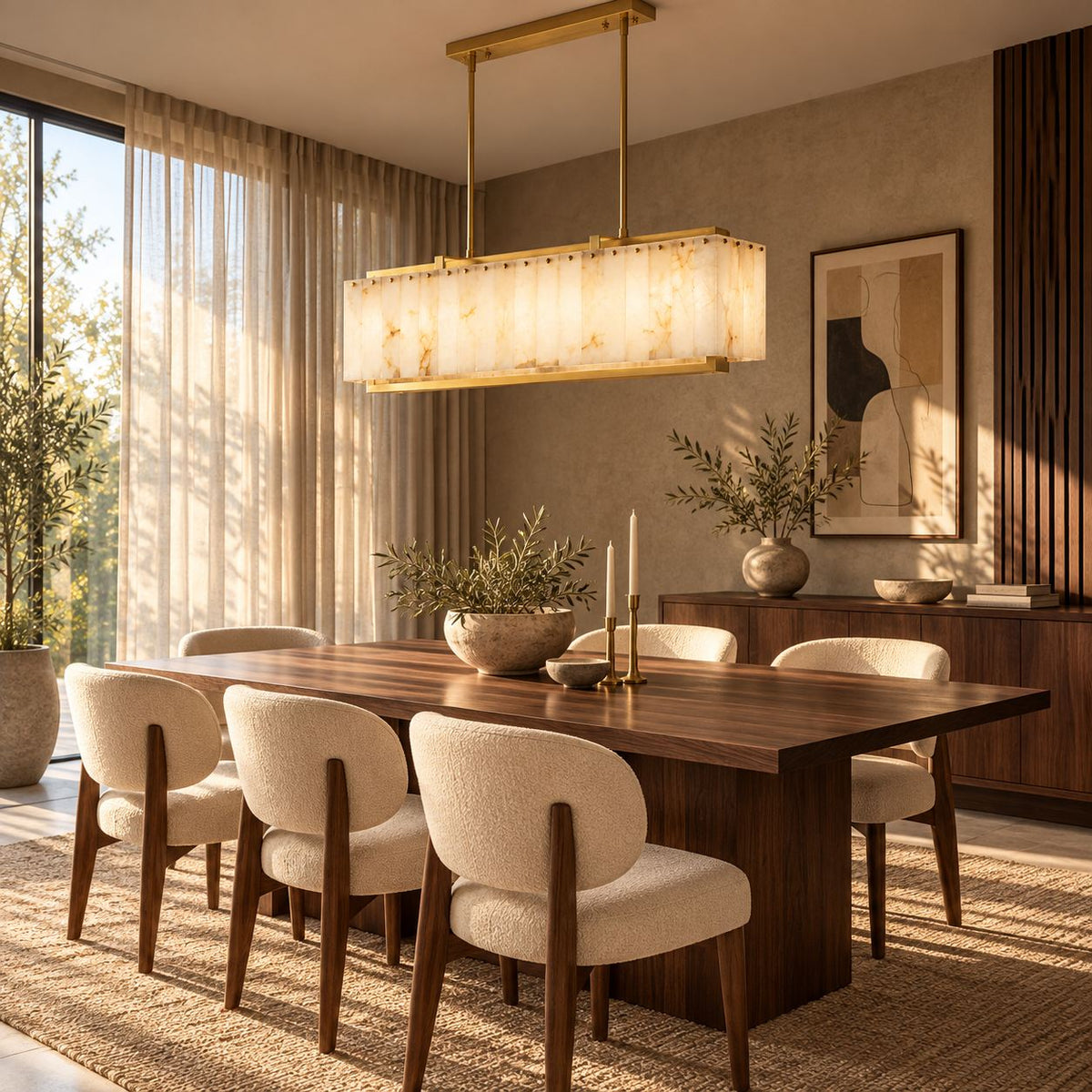 Modern Designer Chandelier Hanging Brass Frame with Alabaster Panels Soft Illumination E12