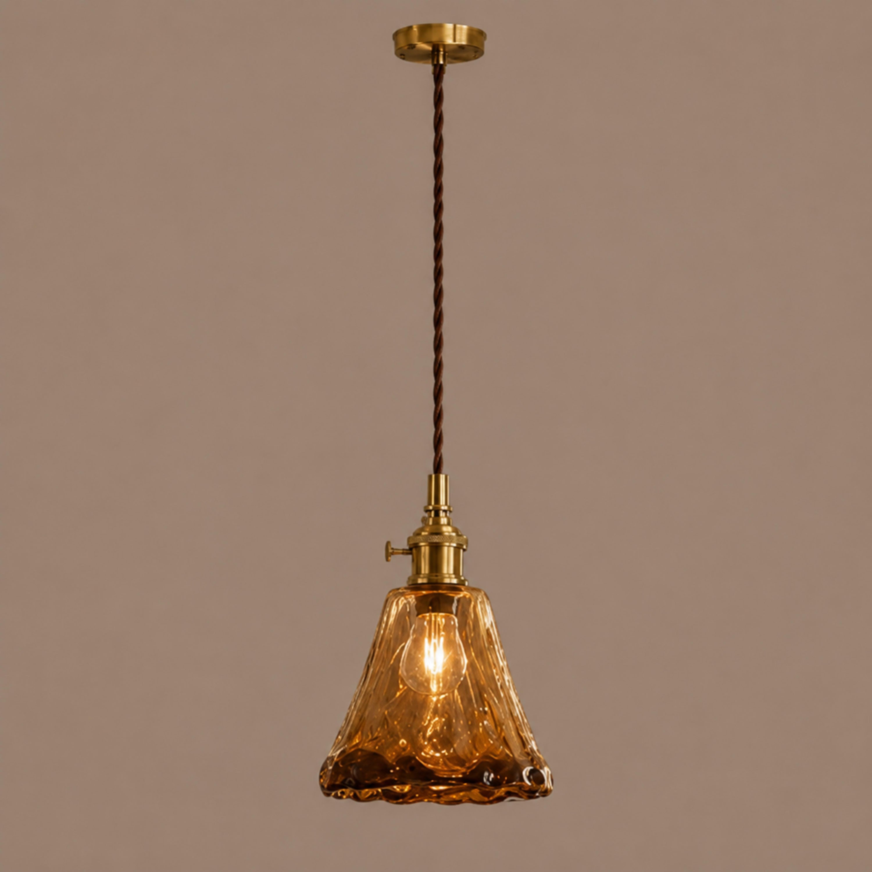 Vintage Industrial Pendant Lamp Adjustable Hanging Brass Fixture Amber Glass Shade Indoor Lighting