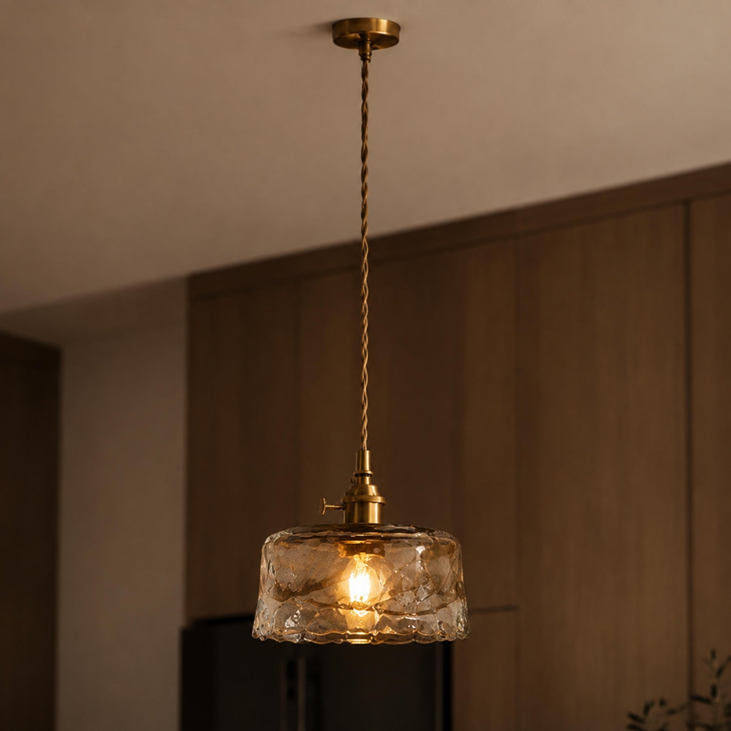 Vintage Industrial Pendant Lamp Adjustable Hanging Brass Fixture Amber Glass Shade Indoor Lighting