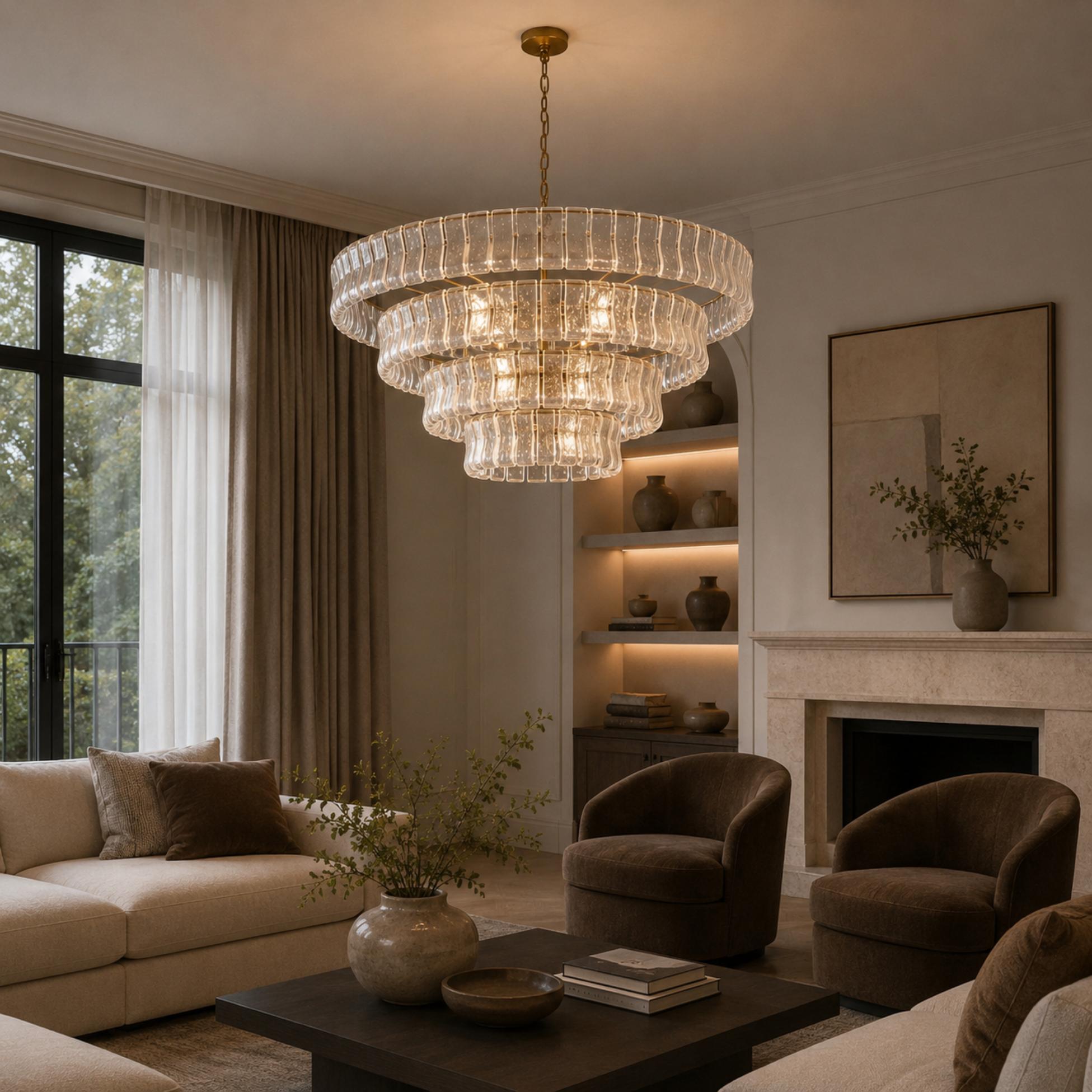 Modern Chandelier Light Adjustable Hanging Fixture Steel Glass 6 Bulb Dimmable Indoor Lighting