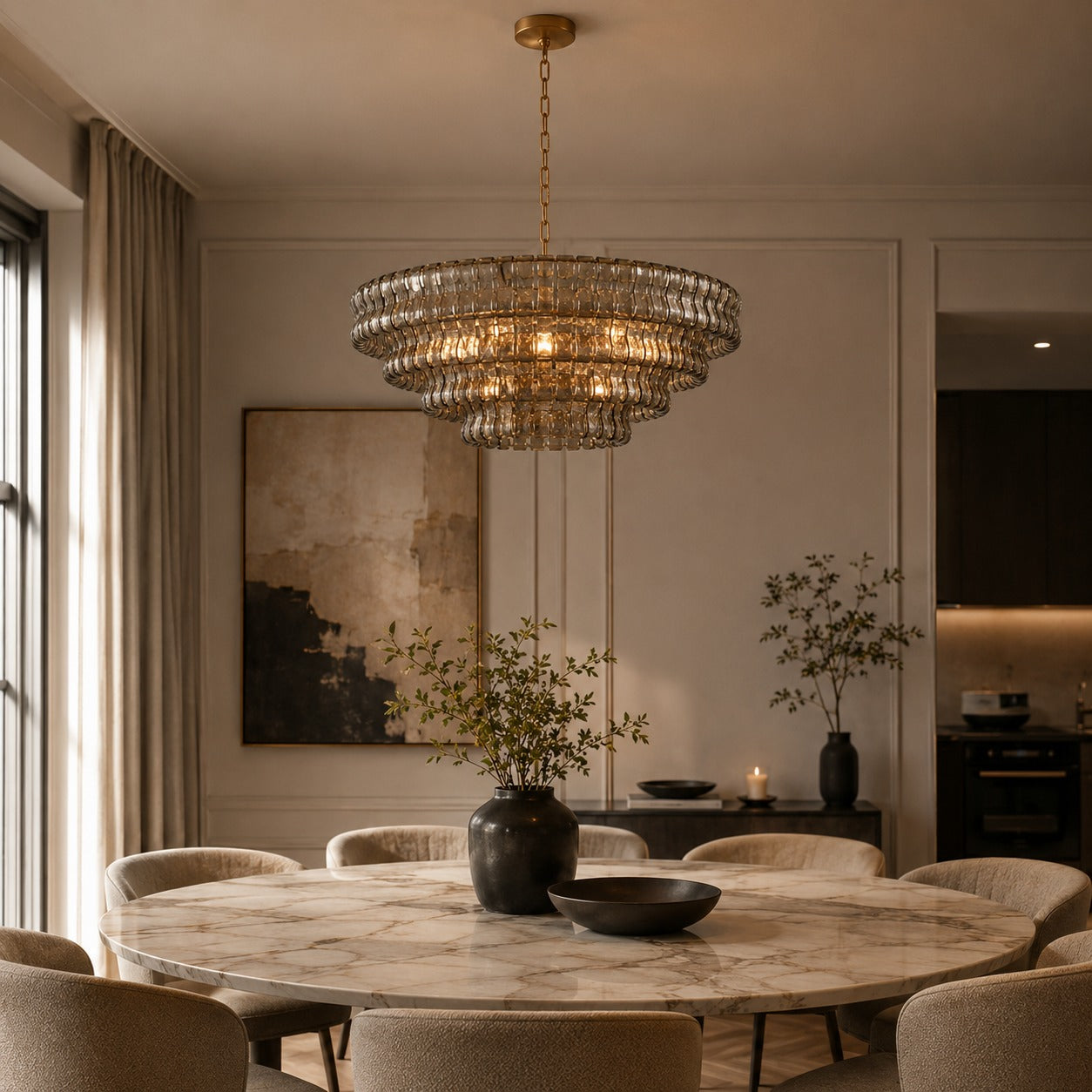 Modern Chandelier Light Adjustable Hanging Fixture Steel Glass 6 Bulb Dimmable Indoor Lighting