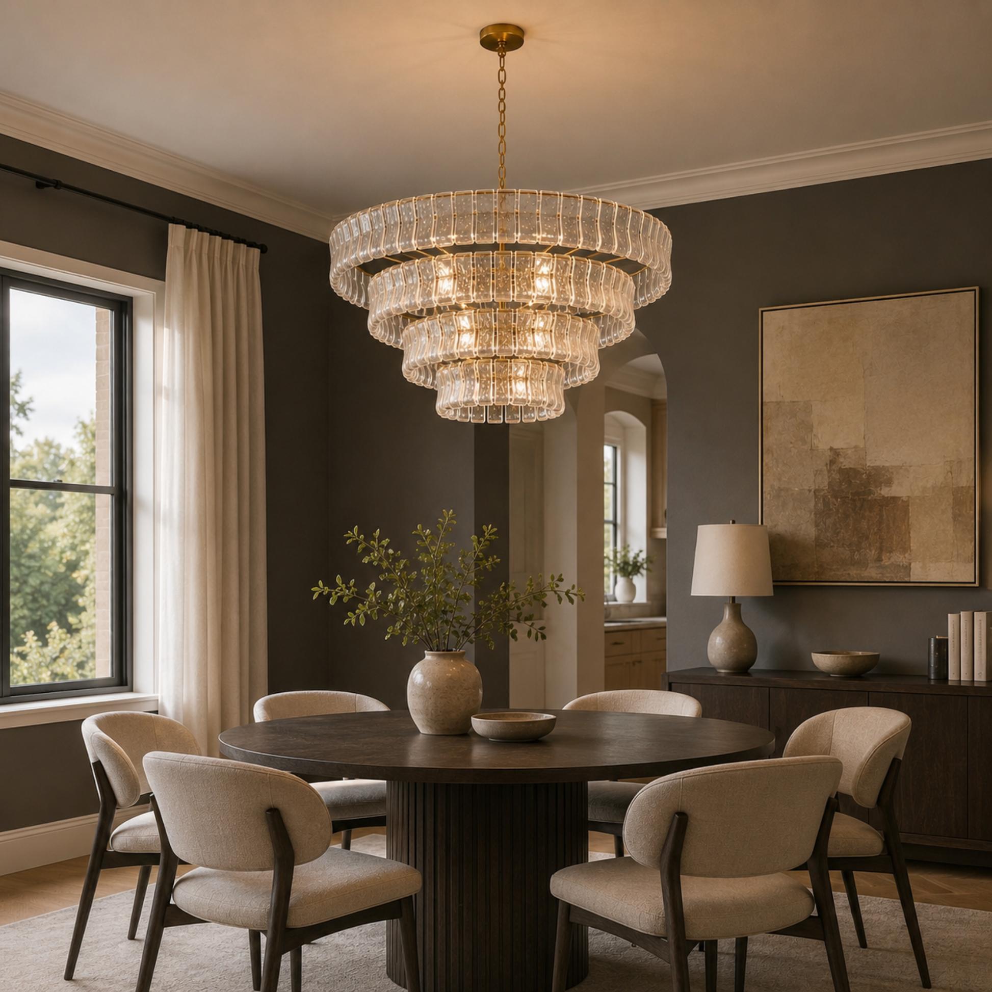 Modern Chandelier Light Adjustable Hanging Fixture Steel Glass 6 Bulb Dimmable Indoor Lighting