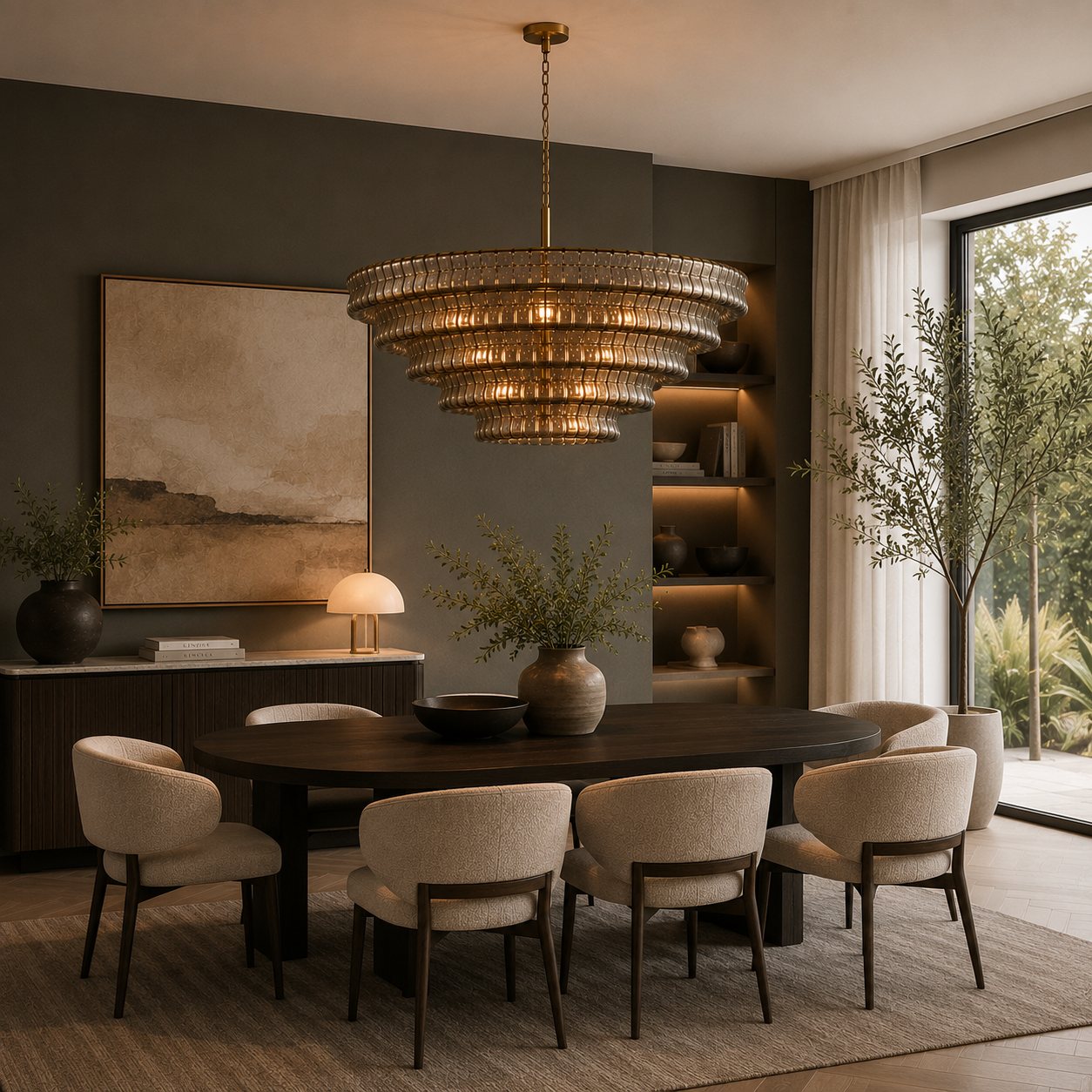 Modern Chandelier Light Adjustable Hanging Fixture Steel Glass 6 Bulb Dimmable Indoor Lighting
