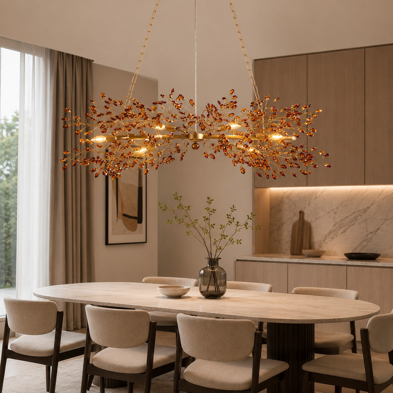 Modern Chandelier Light Hanging Metal and Glass Dimmable 8 Bulb Fixture Adjustable Length