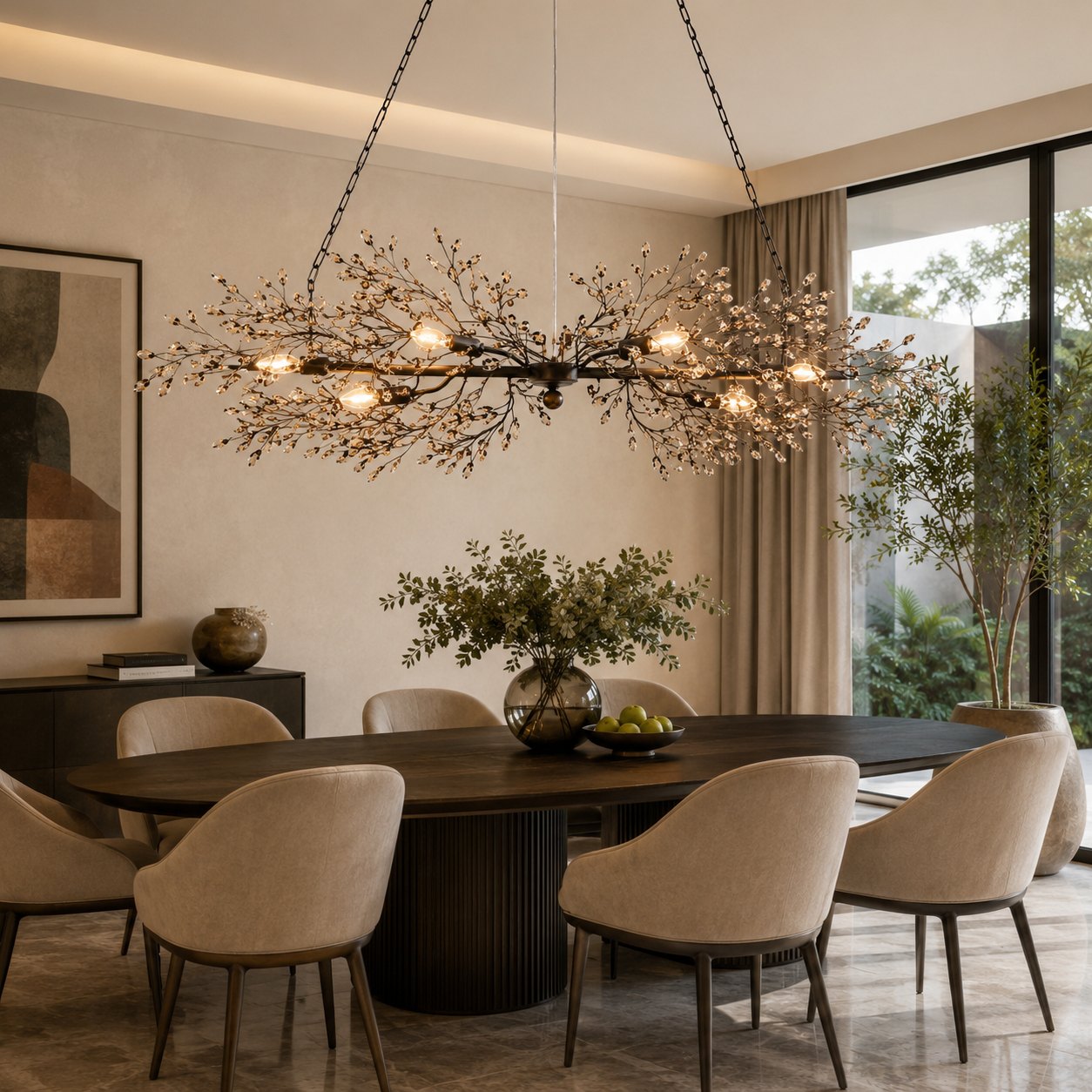 Modern Chandelier Light Hanging Metal and Glass Dimmable 8 Bulb Fixture Adjustable Length