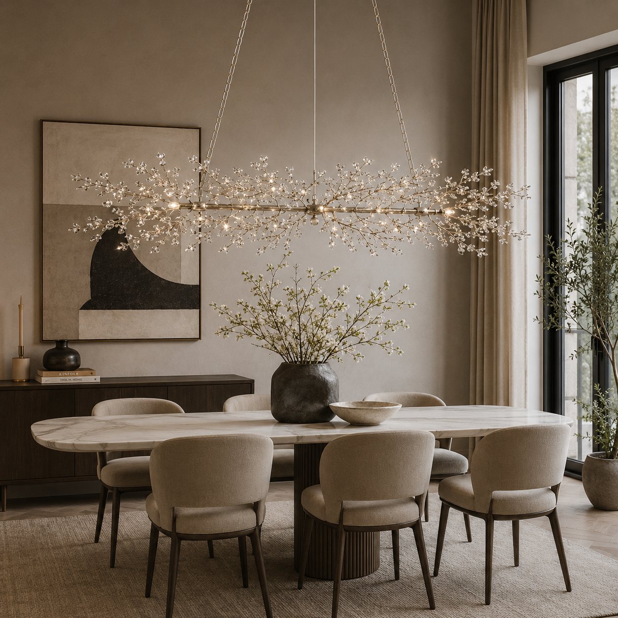 Modern Chandelier Light Hanging Metal and Glass Dimmable 8 Bulb Fixture Adjustable Length
