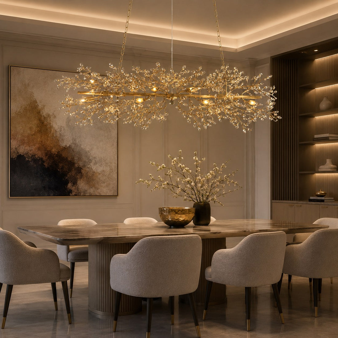 Modern Chandelier Light Hanging Metal and Glass Dimmable 8 Bulb Fixture Adjustable Length