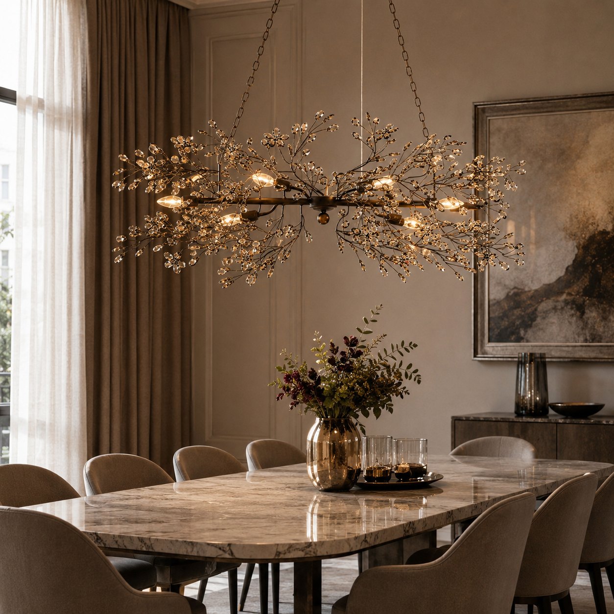 Modern Chandelier Light Hanging Metal and Glass Dimmable 8 Bulb Fixture Adjustable Length