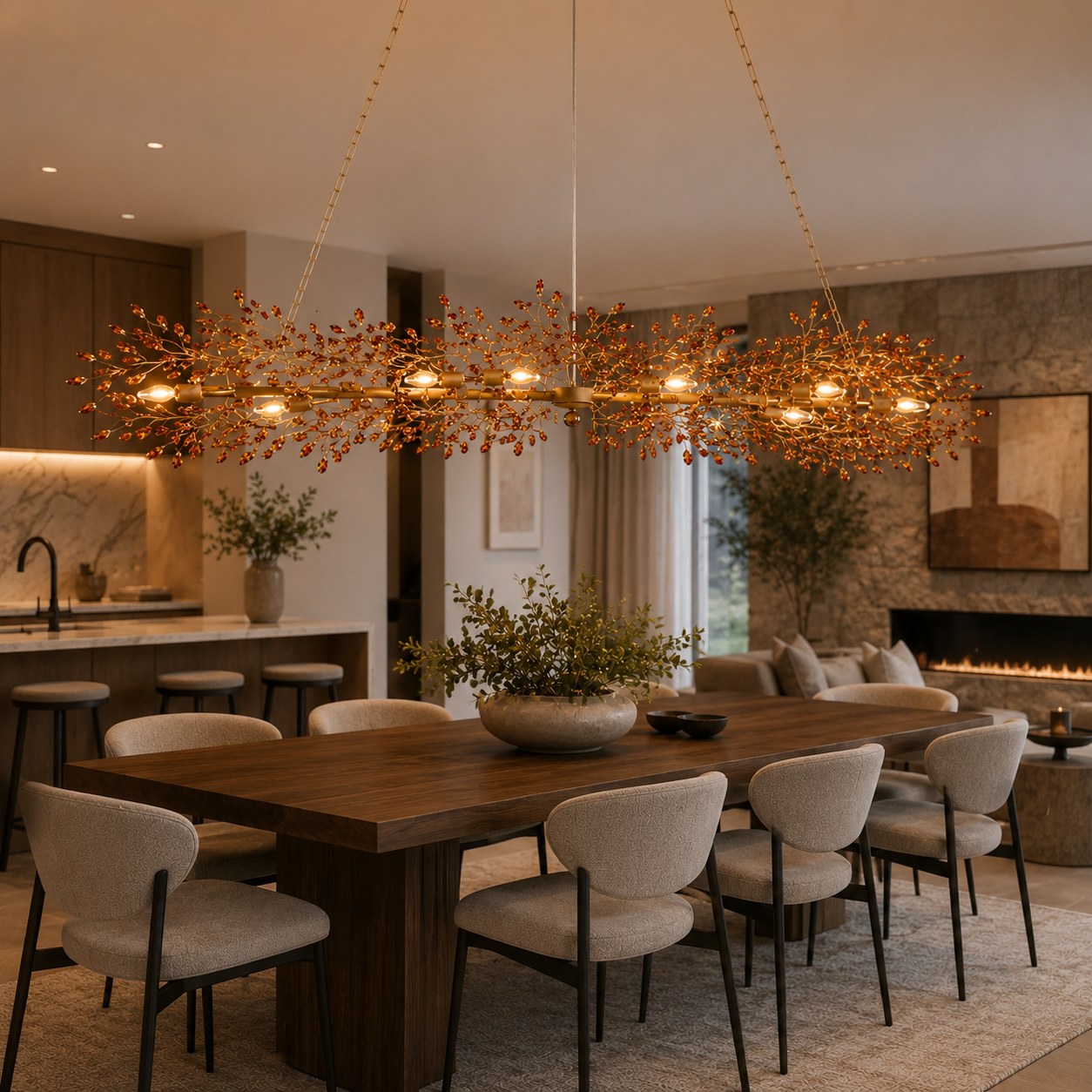 Modern Chandelier Light Hanging Metal and Glass Dimmable 8 Bulb Fixture Adjustable Length