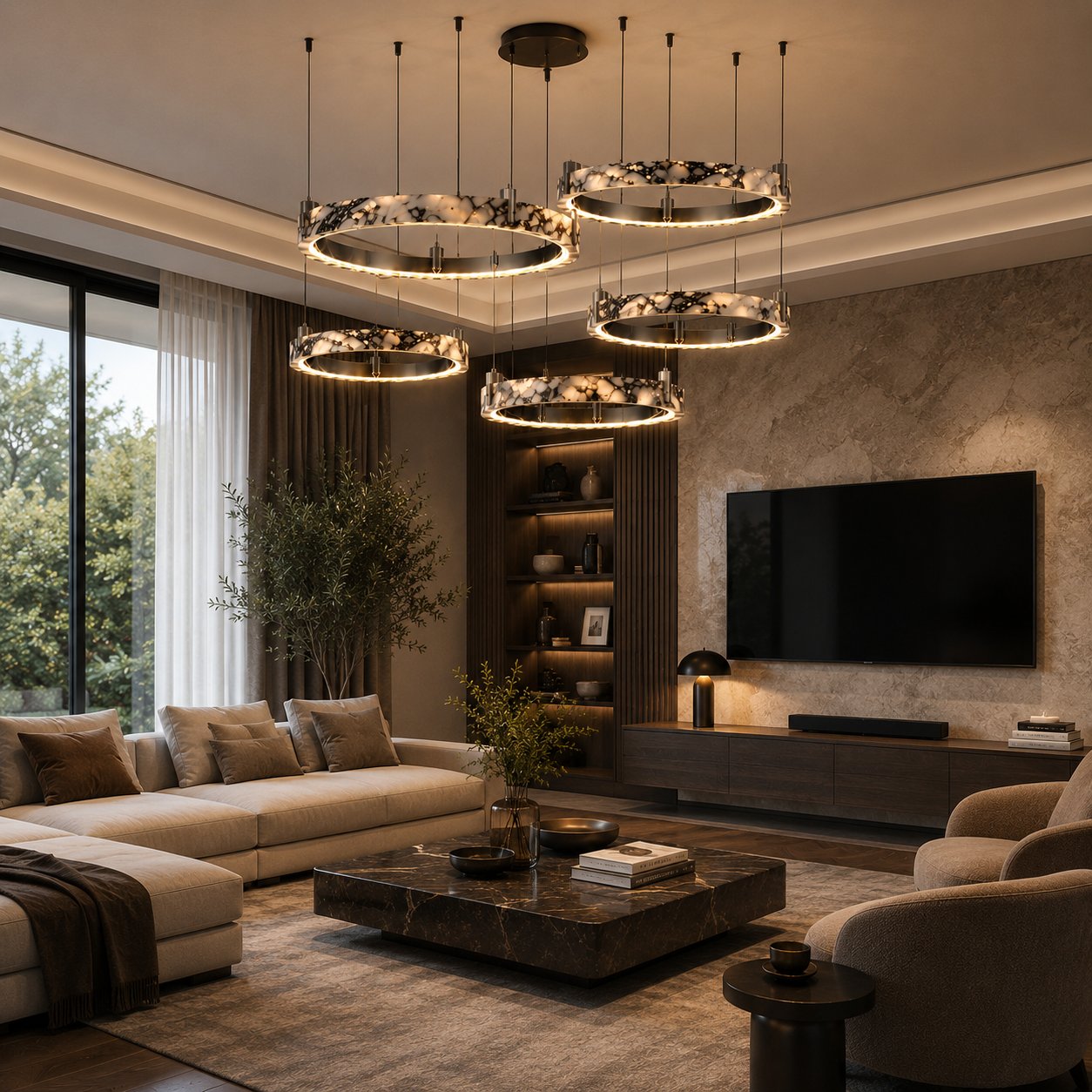 Modern Chandelier Pendant Light Adjustable Natural Marble Integrated LED Illumination 79