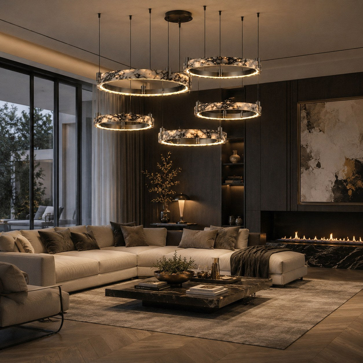 Modern Chandelier Pendant Light Adjustable Natural Marble Integrated LED Illumination 79