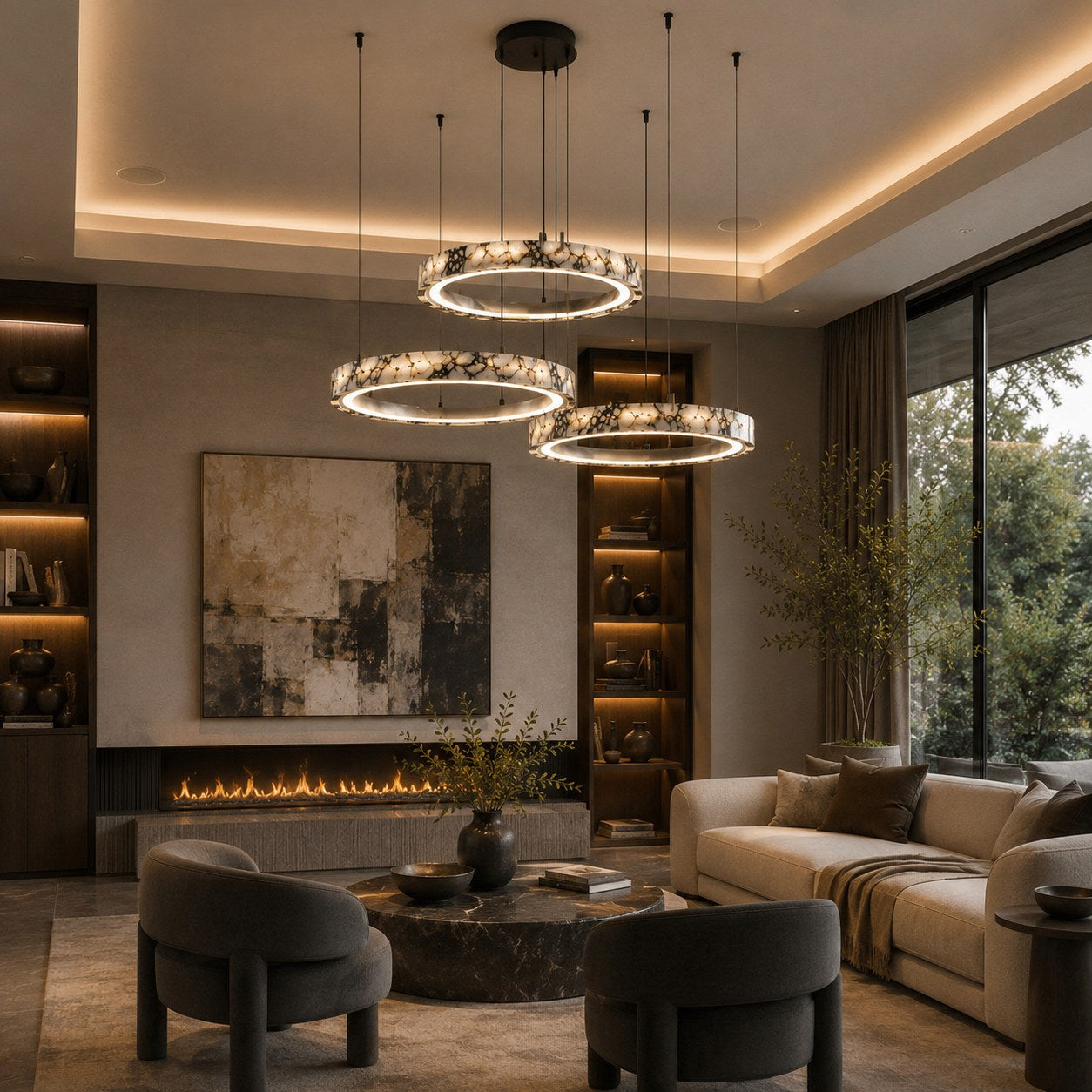 Modern Chandelier Pendant Light Adjustable Natural Marble Integrated LED Illumination 79