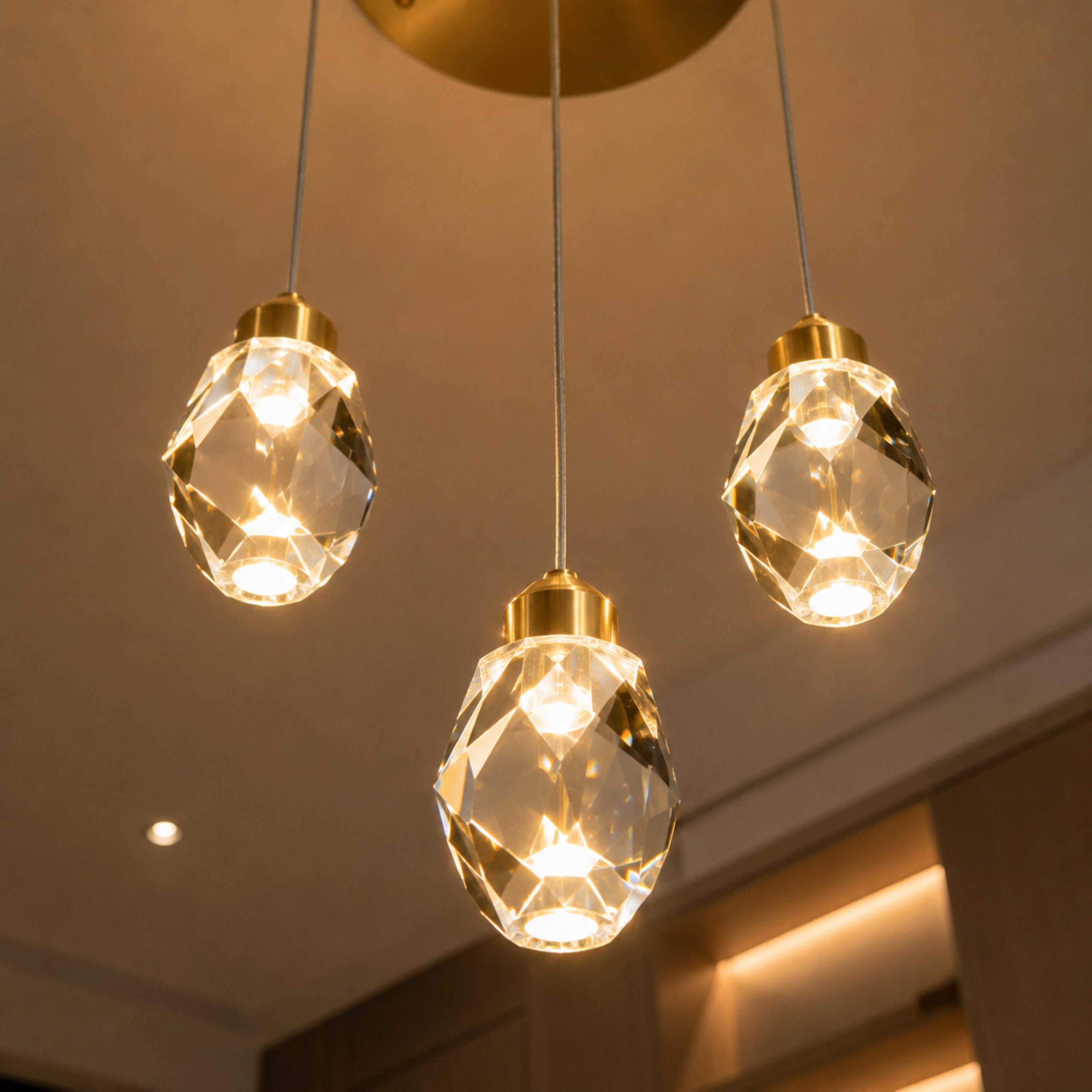 Modern Crystal Chandelier Adjustable Hanging Light Fixture LED Metal for Living Room Dining Area