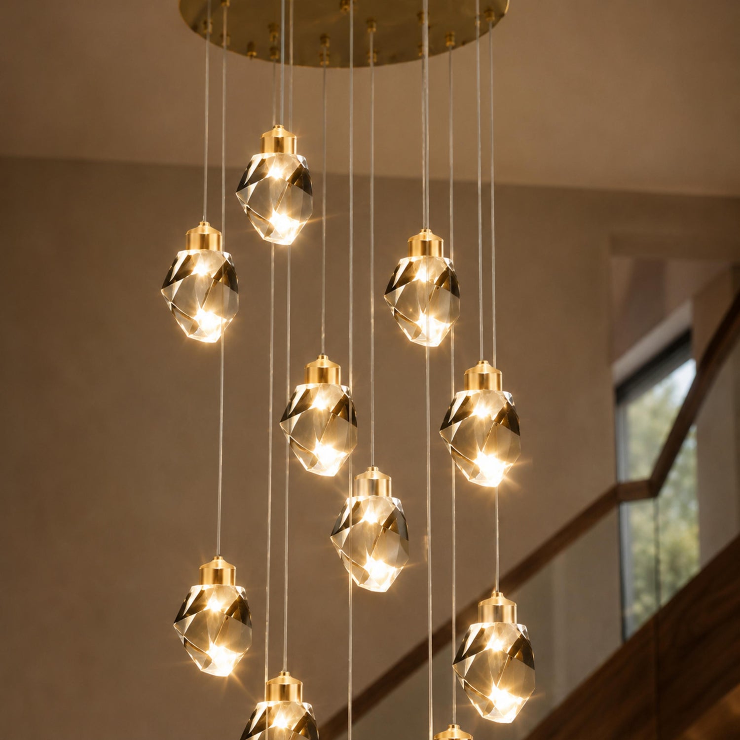 Modern Crystal Chandelier Adjustable Hanging Light Fixture LED Metal for Living Room Dining Area