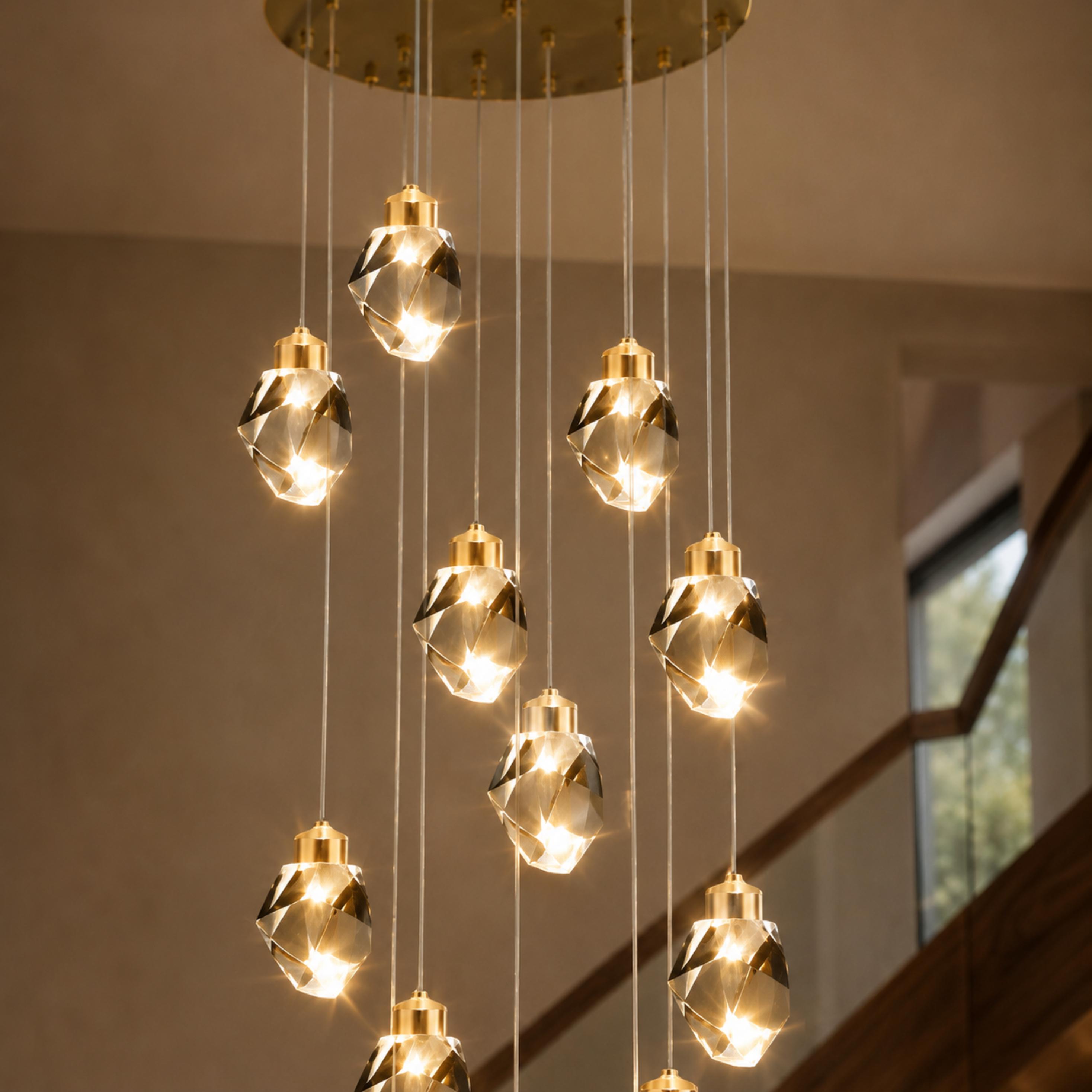 Modern Crystal Chandelier Adjustable Hanging Light Fixture LED Metal for Living Room Dining Area