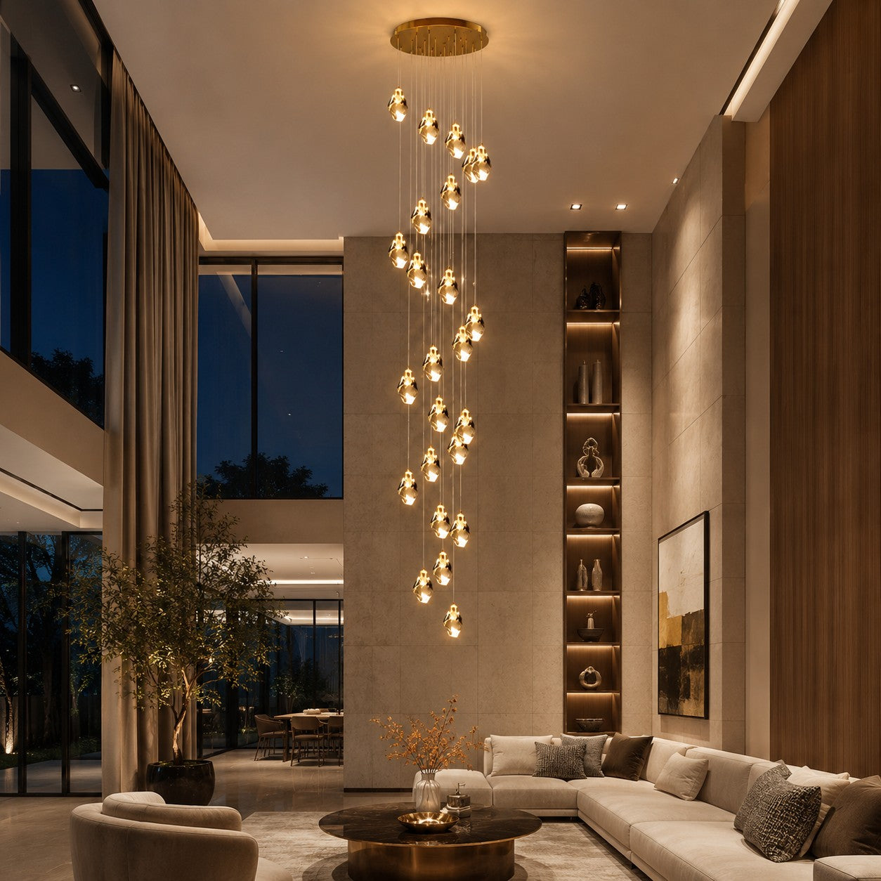 Modern Crystal Chandelier Adjustable Hanging Light Fixture LED Metal for Living Room Dining Area