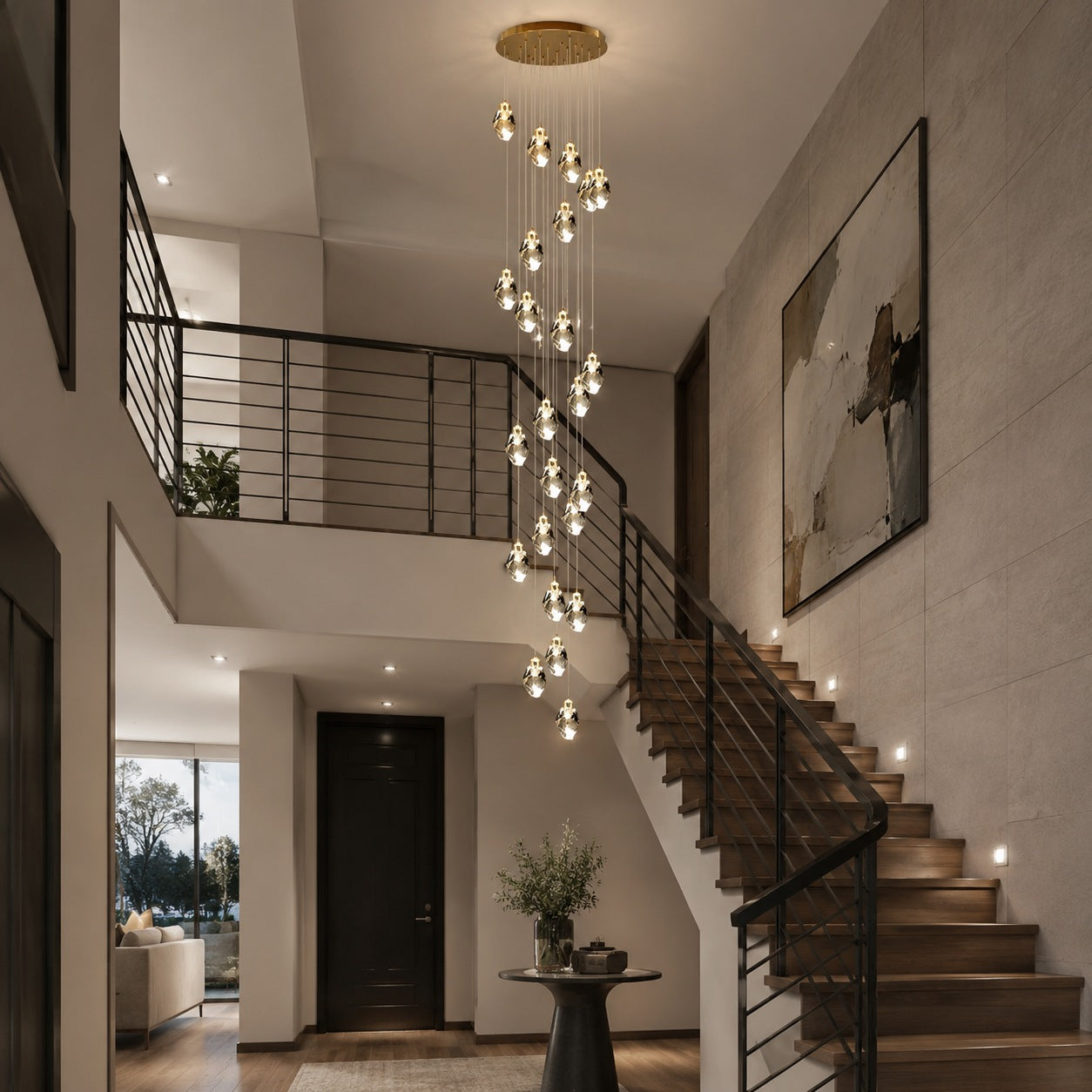 Modern Crystal Chandelier Adjustable Hanging Light Fixture LED Metal for Living Room Dining Area