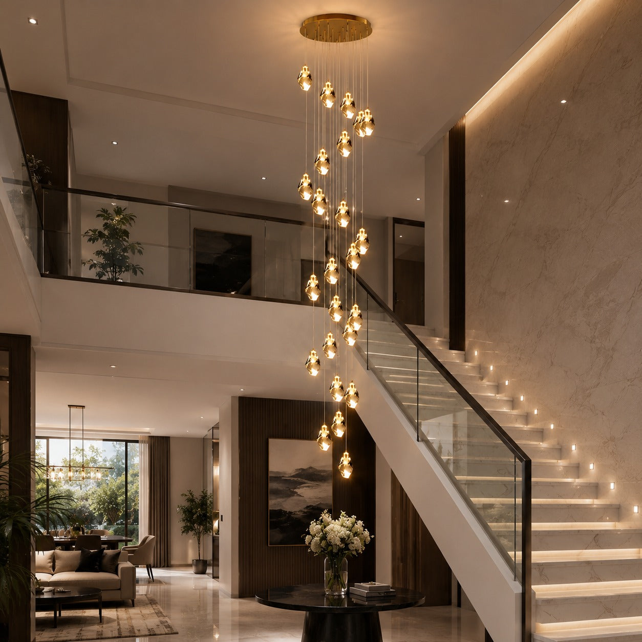 Modern Crystal Chandelier Adjustable Hanging Light Fixture LED Metal for Living Room Dining Area