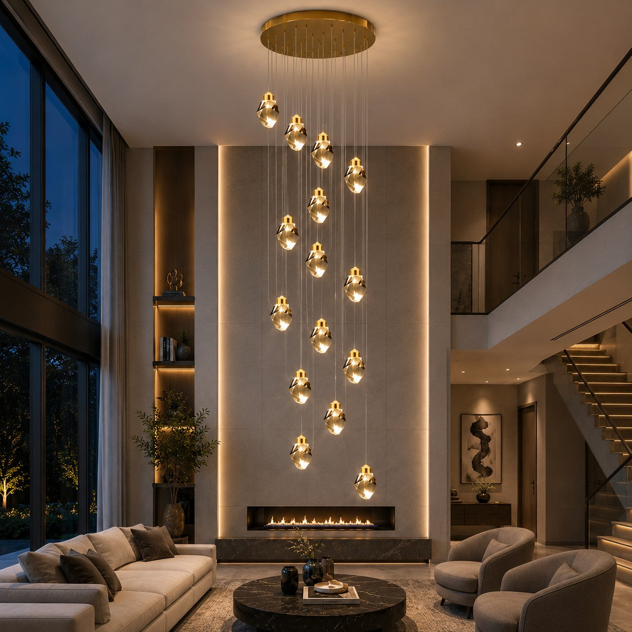 Modern Crystal Chandelier Adjustable Hanging Light Fixture LED Metal for Living Room Dining Area