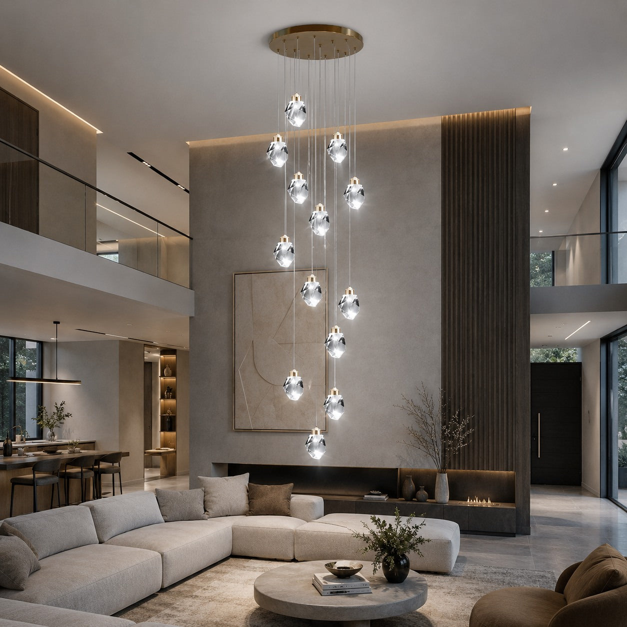 Modern Crystal Chandelier Adjustable Hanging Light Fixture LED Metal for Living Room Dining Area