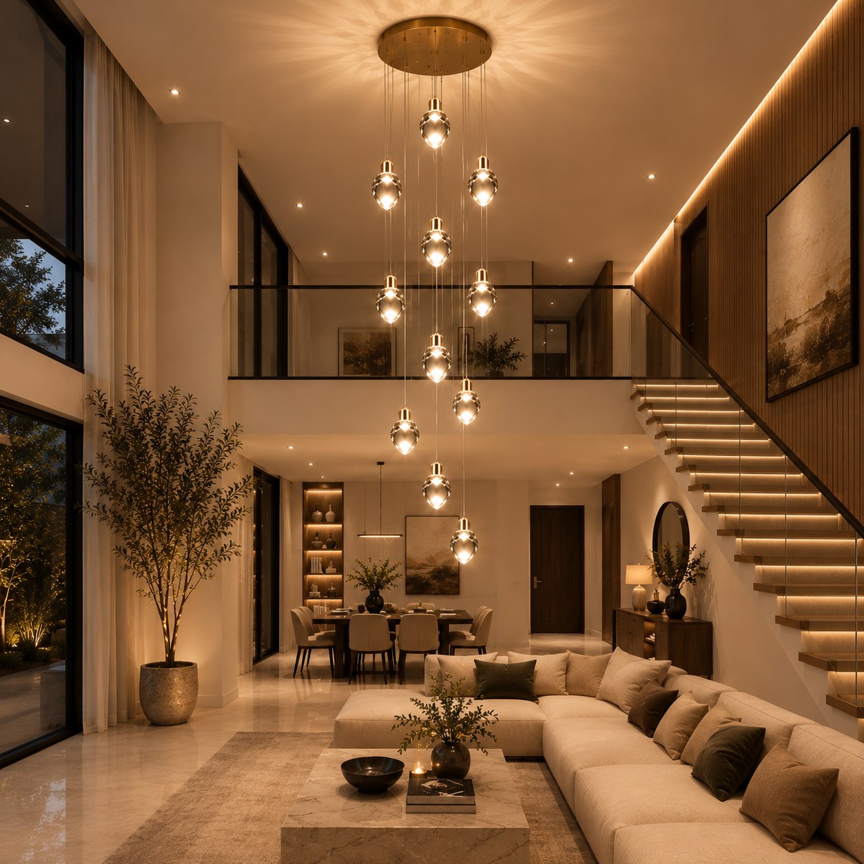 Modern Crystal Chandelier Adjustable Hanging Light Fixture LED Metal for Living Room Dining Area