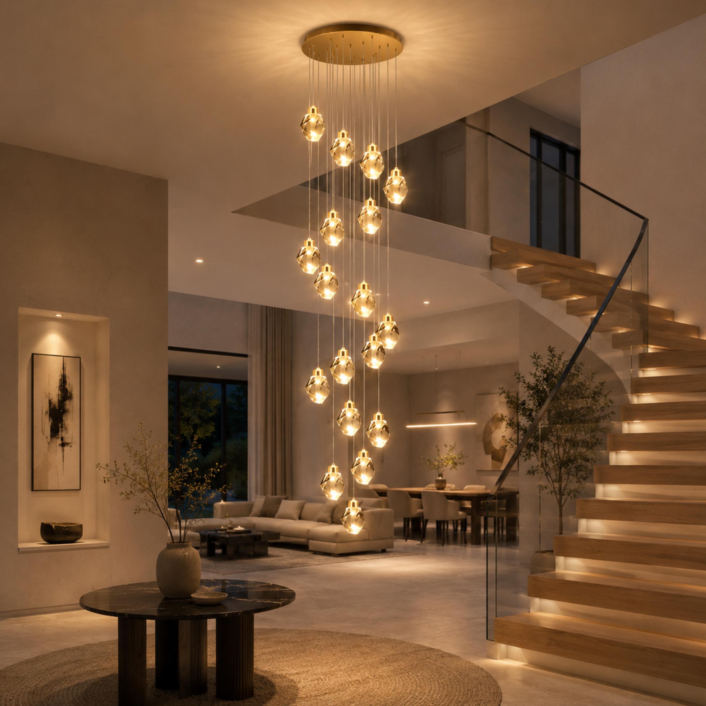 Modern Crystal Chandelier Adjustable Hanging Light Fixture LED Metal for Living Room Dining Area