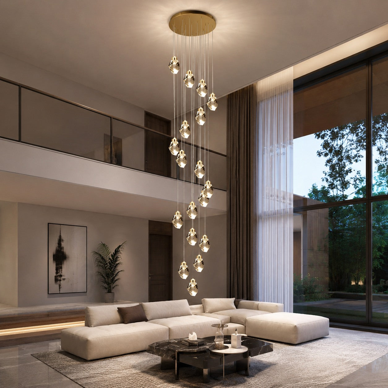 Modern Crystal Chandelier Adjustable Hanging Light Fixture LED Metal for Living Room Dining Area