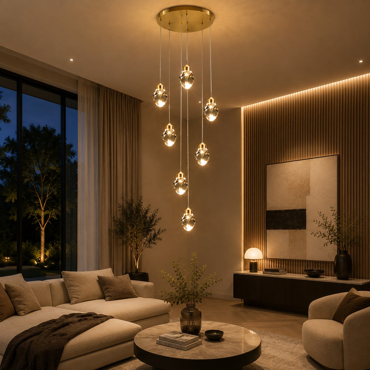 Modern Crystal Chandelier Adjustable Hanging Light Fixture LED Metal for Living Room Dining Area