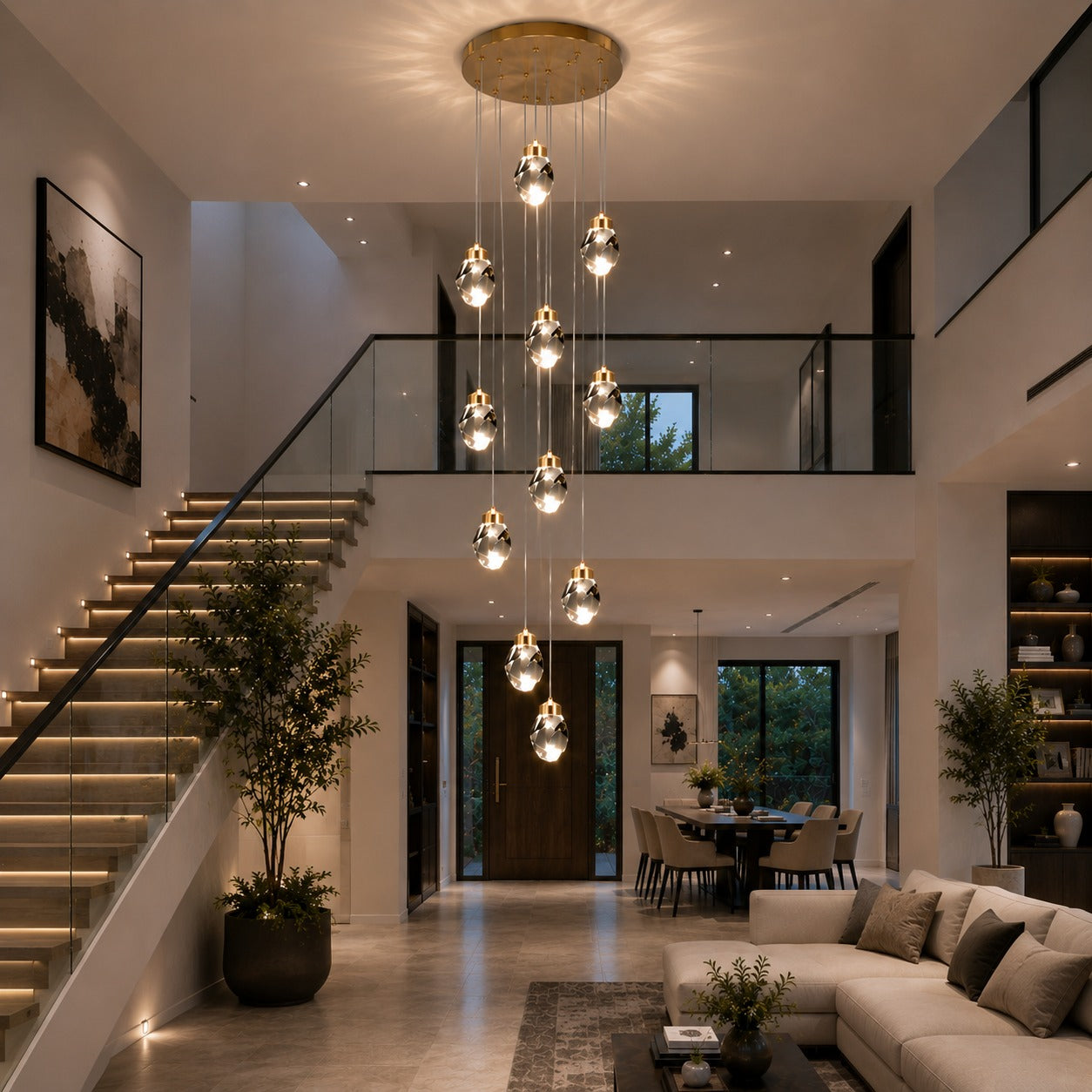 Modern Crystal Chandelier Adjustable Hanging Light Fixture LED Metal for Living Room Dining Area