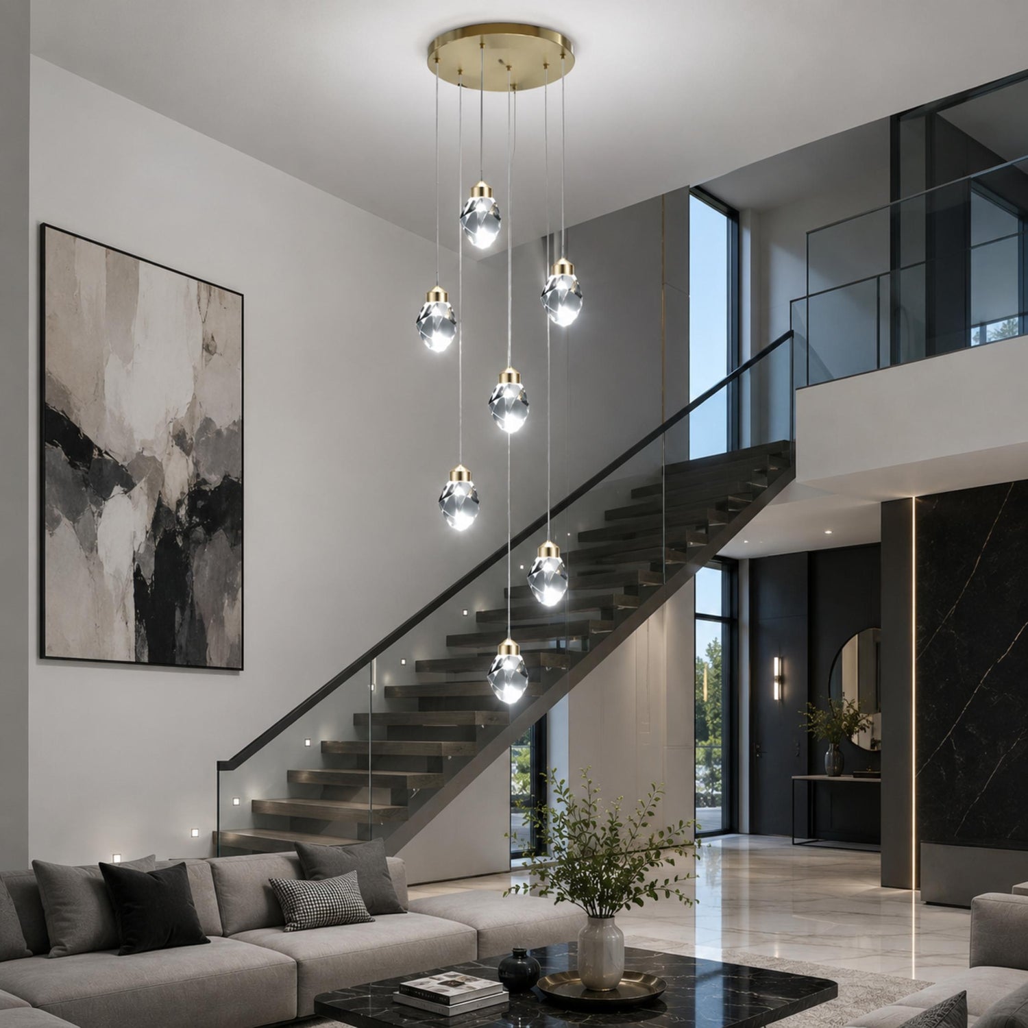 Modern Crystal Chandelier Adjustable Hanging Light Fixture LED Metal for Living Room Dining Area