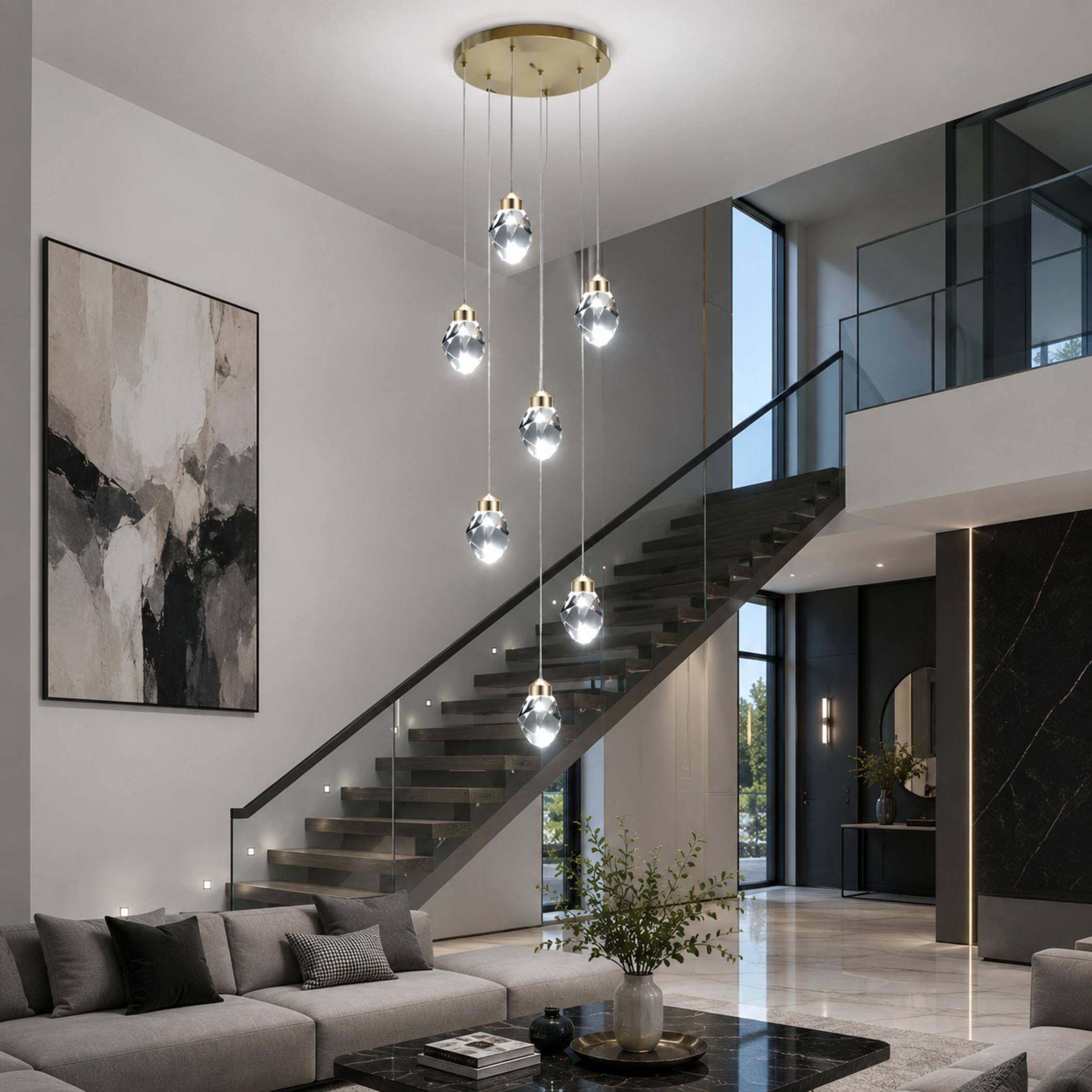 Modern Crystal Chandelier Adjustable Hanging Light Fixture LED Metal for Living Room Dining Area