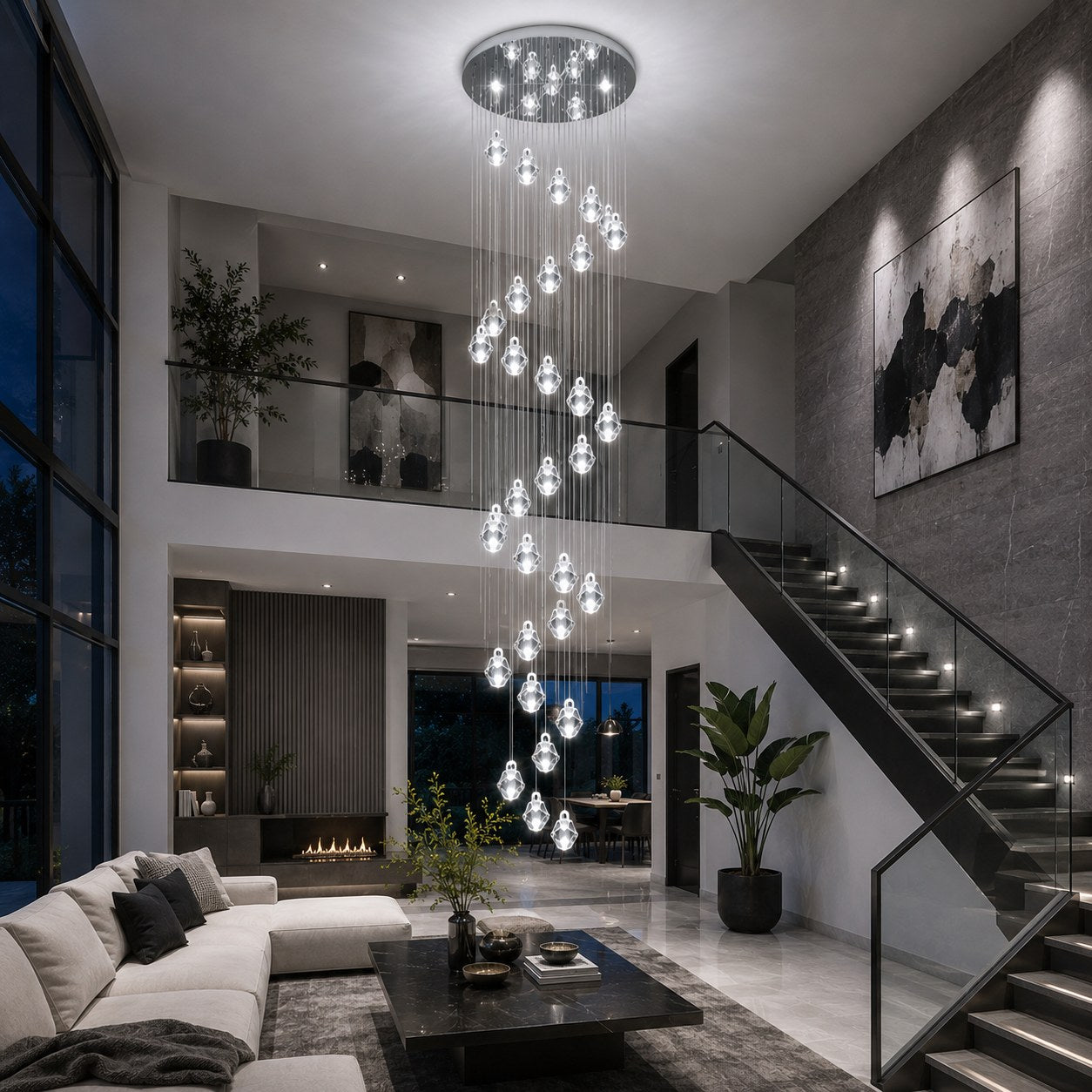 Modern Crystal Chandelier Adjustable Hanging Light Fixture LED Metal for Living Room Dining Area