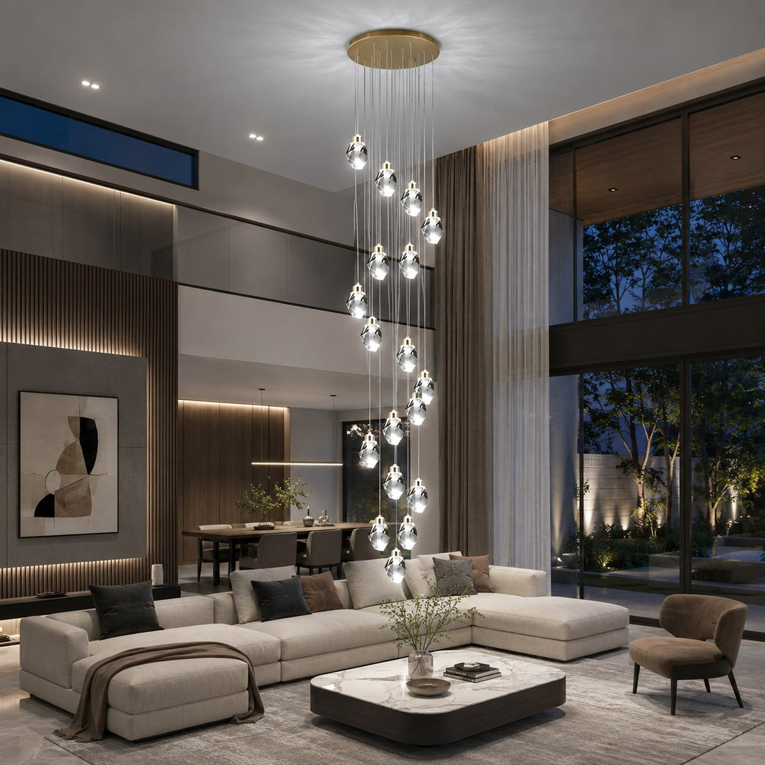 Modern Crystal Chandelier Adjustable Hanging Light Fixture LED Metal for Living Room Dining Area