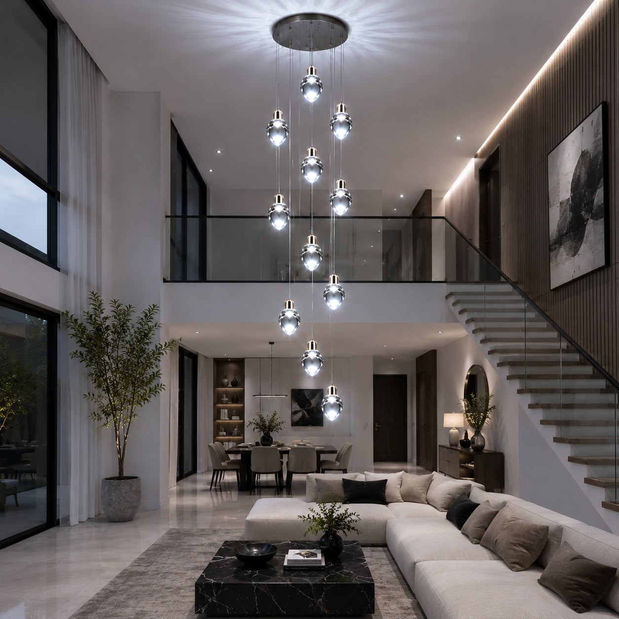Modern Crystal Chandelier Adjustable Hanging Light Fixture LED Metal for Living Room Dining Area
