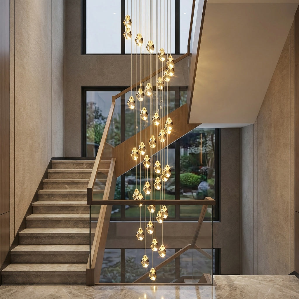 Modern Crystal Chandelier Adjustable Hanging Light Fixture LED Metal for Living Room Dining Area