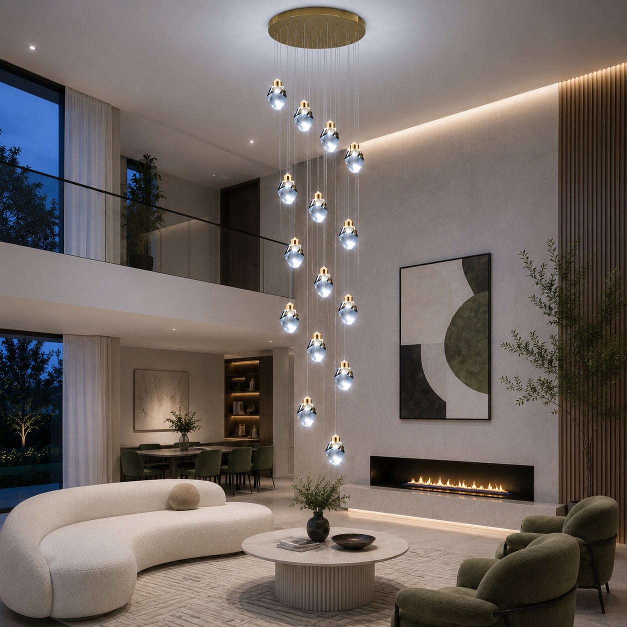 Modern Crystal Chandelier Adjustable Hanging Light Fixture LED Metal for Living Room Dining Area