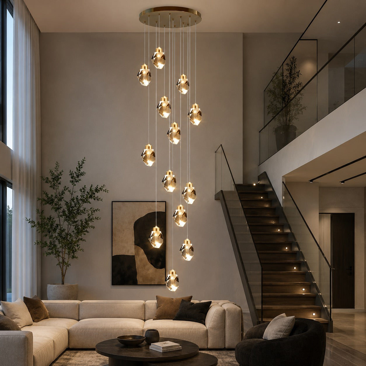 Modern Crystal Chandelier Adjustable Hanging Light Fixture LED Metal for Living Room Dining Area