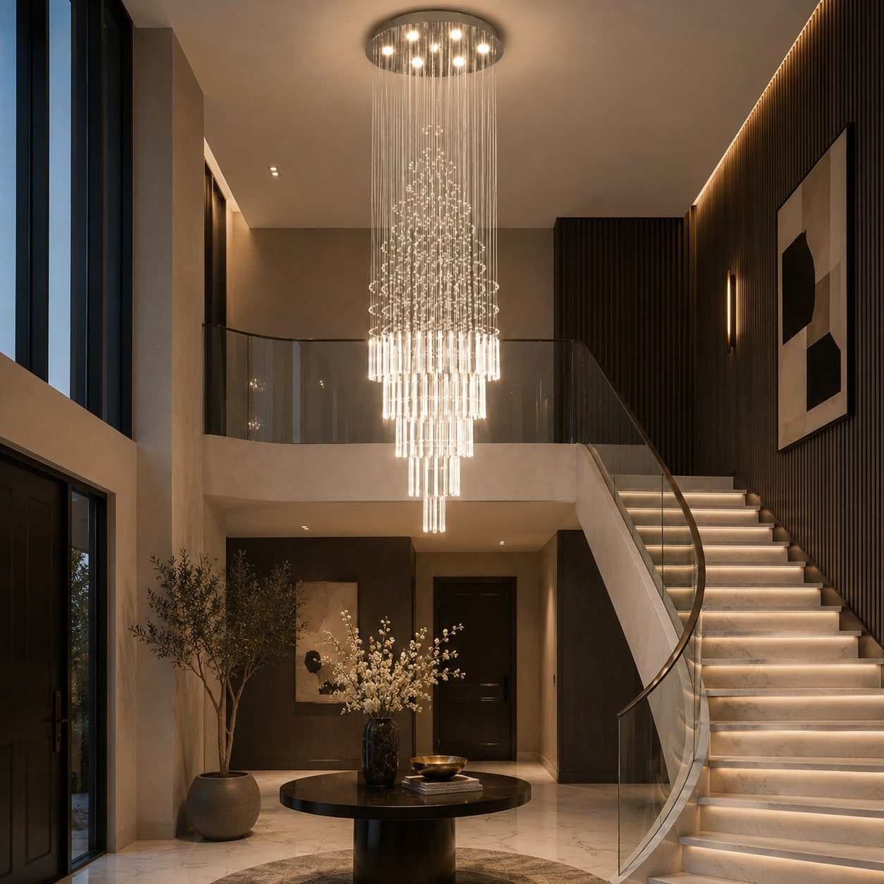 Modern Crystal Chandelier Adjustable Height Stainless Steel LED 18 Lights for Ceiling Mount