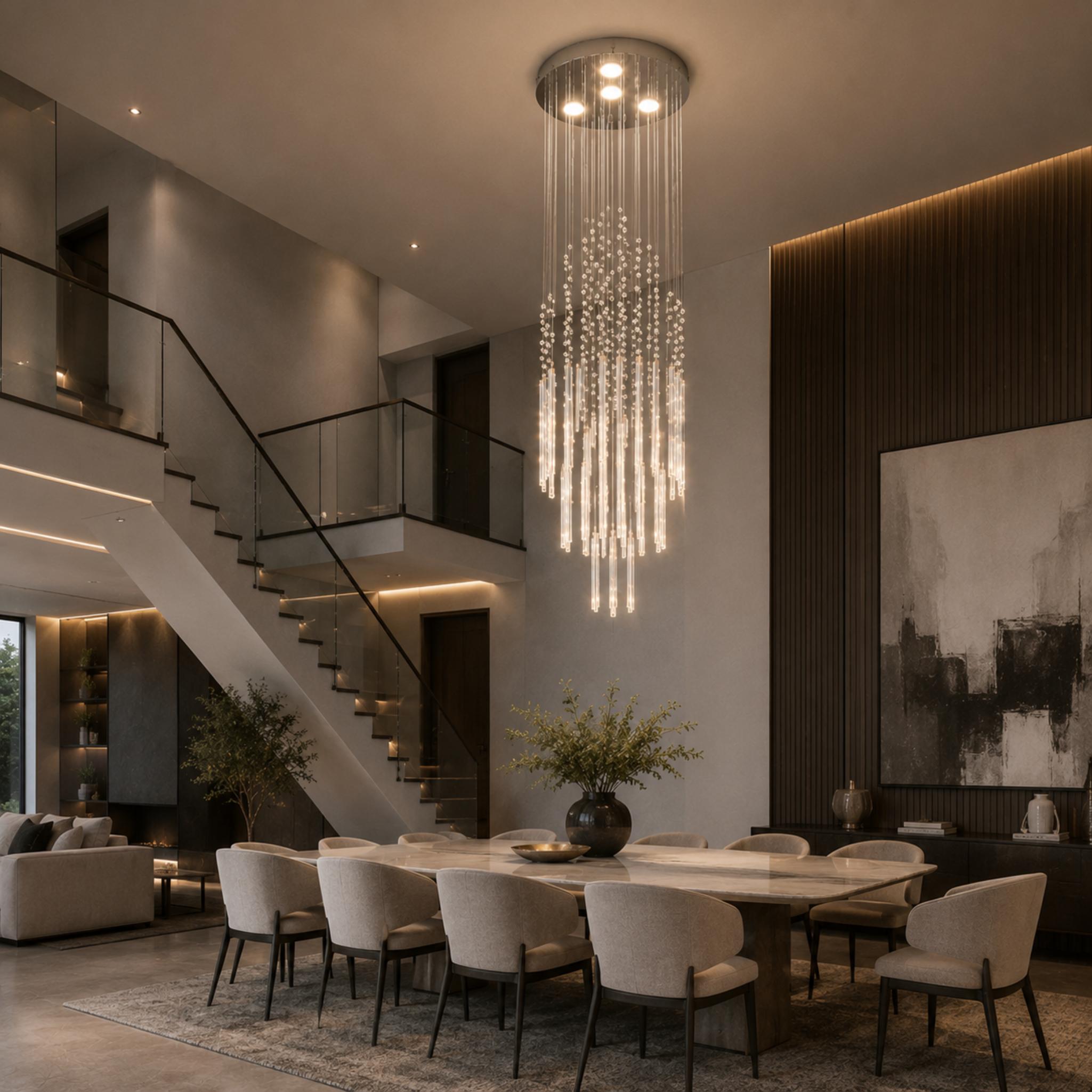 Modern Crystal Chandelier Adjustable Height Stainless Steel LED 18 Lights for Ceiling Mount