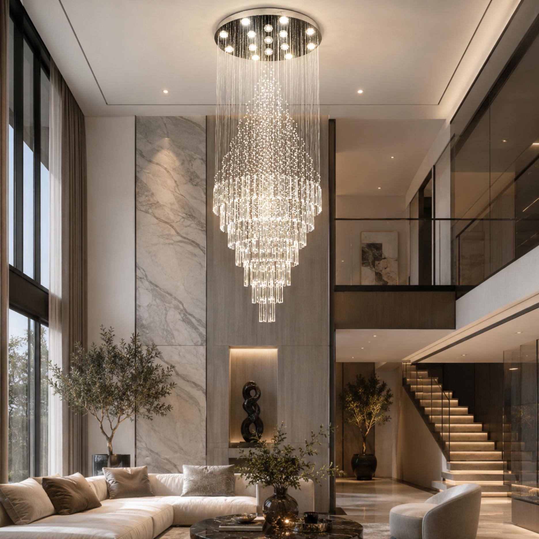 Modern Crystal Chandelier Adjustable Height Stainless Steel LED 18 Lights for Ceiling Mount