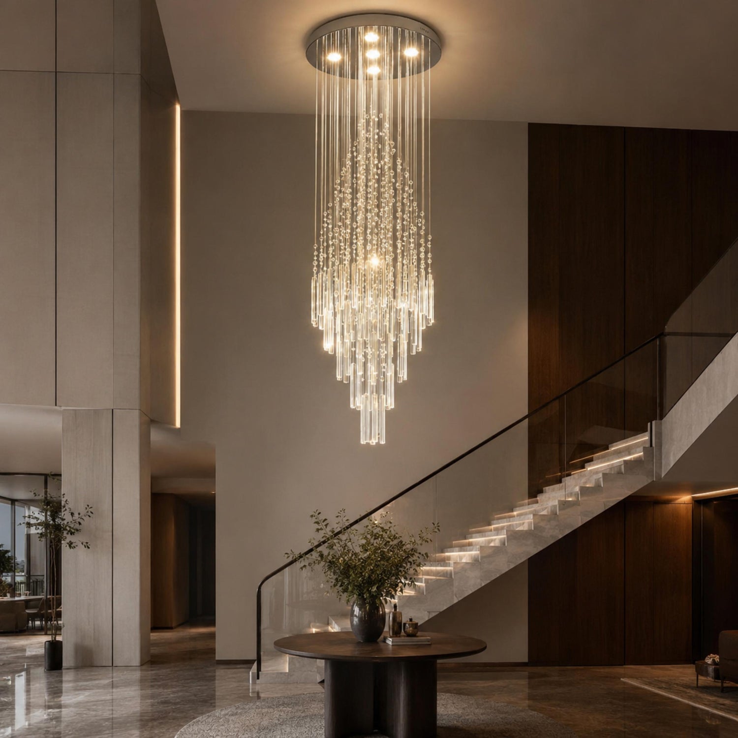 Modern Crystal Chandelier Adjustable Height Stainless Steel LED 18 Lights for Ceiling Mount