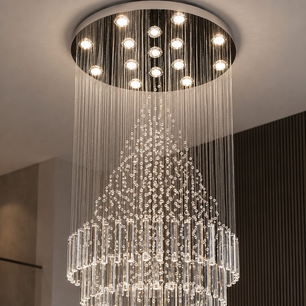 Modern Crystal Chandelier Adjustable Height Stainless Steel LED 18 Lights for Ceiling Mount