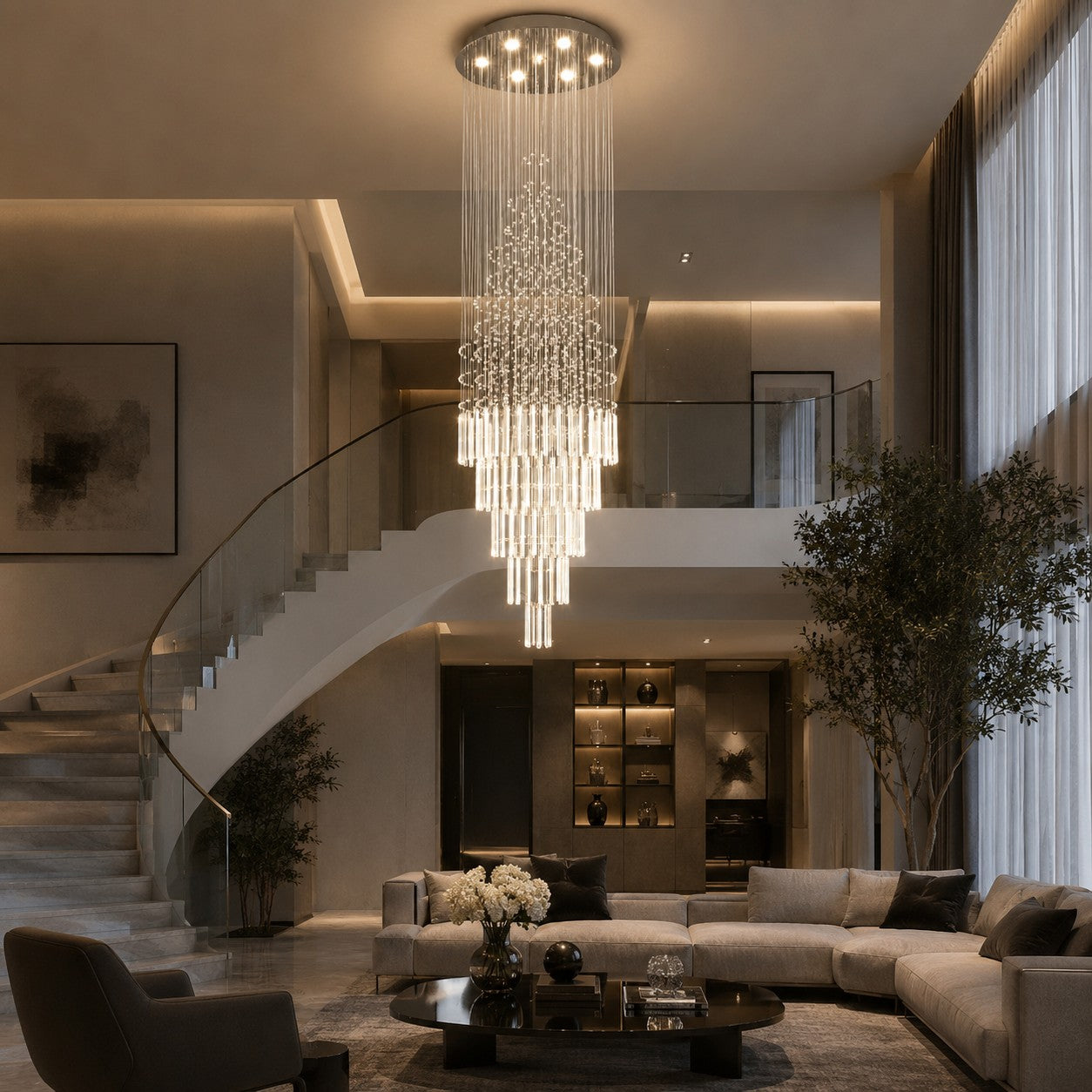 Modern Crystal Chandelier Adjustable Height Stainless Steel LED 18 Lights for Ceiling Mount