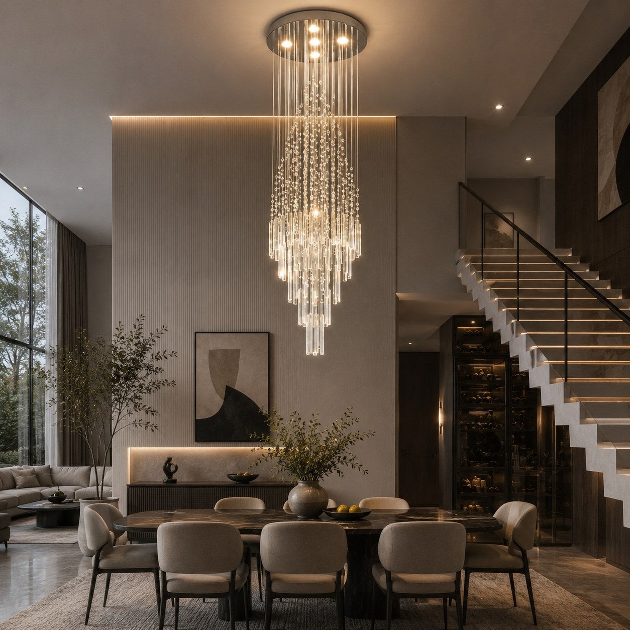 Modern Crystal Chandelier Adjustable Height Stainless Steel LED 18 Lights for Ceiling Mount