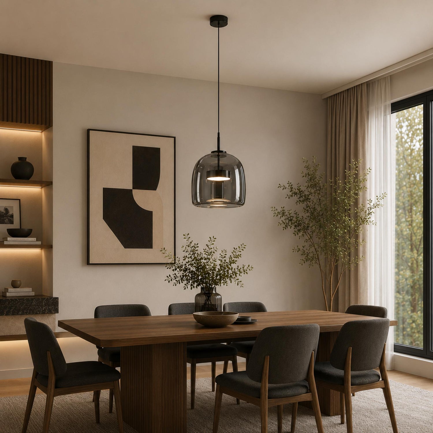 Modern Hanging Pendant Light Adjustable Black Iron Frame Hand-Blown Glass LED
