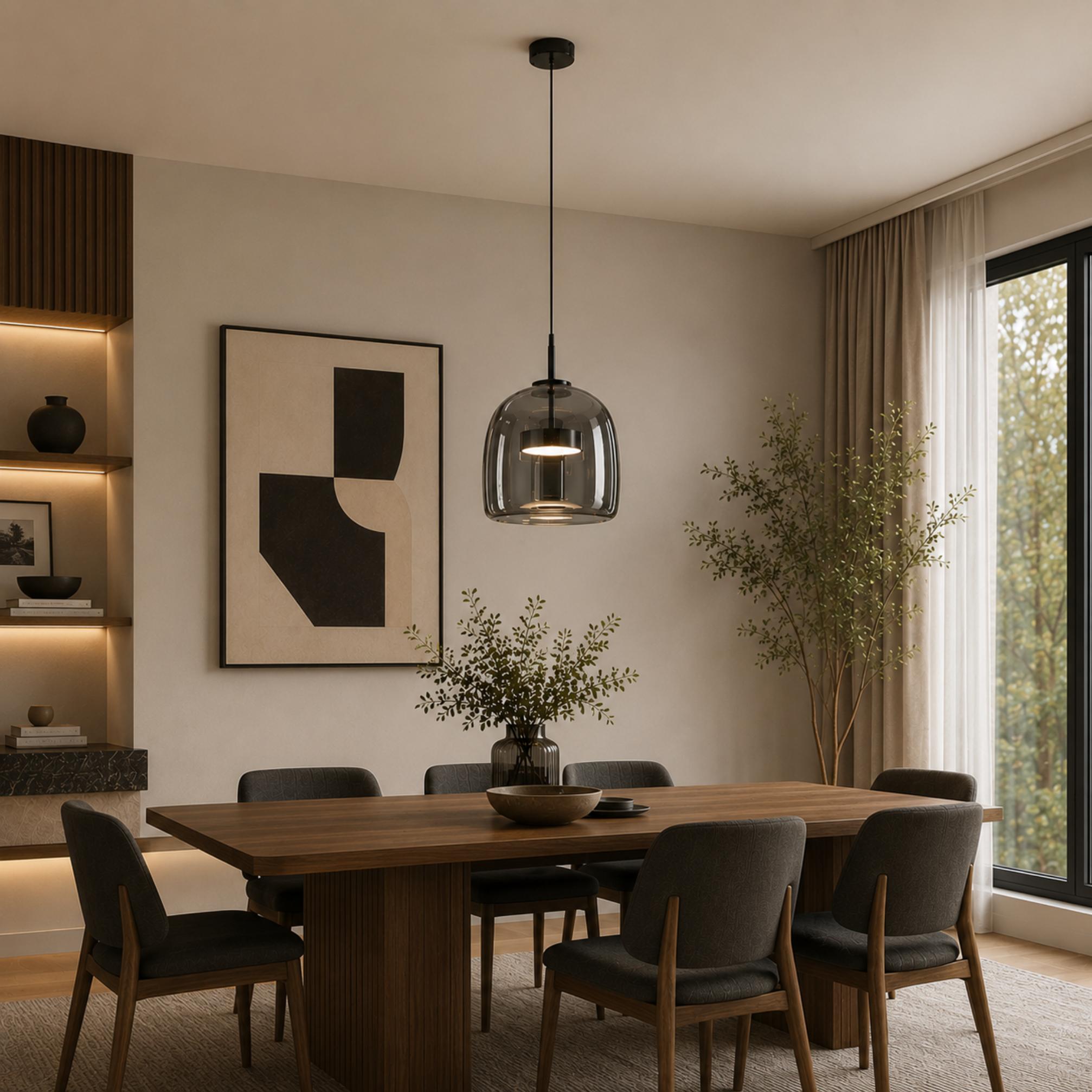 Modern Hanging Pendant Light Adjustable Black Iron Frame Hand-Blown Glass LED