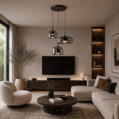 Modern Hanging Pendant Light Adjustable Black Iron Frame Hand-Blown Glass LED