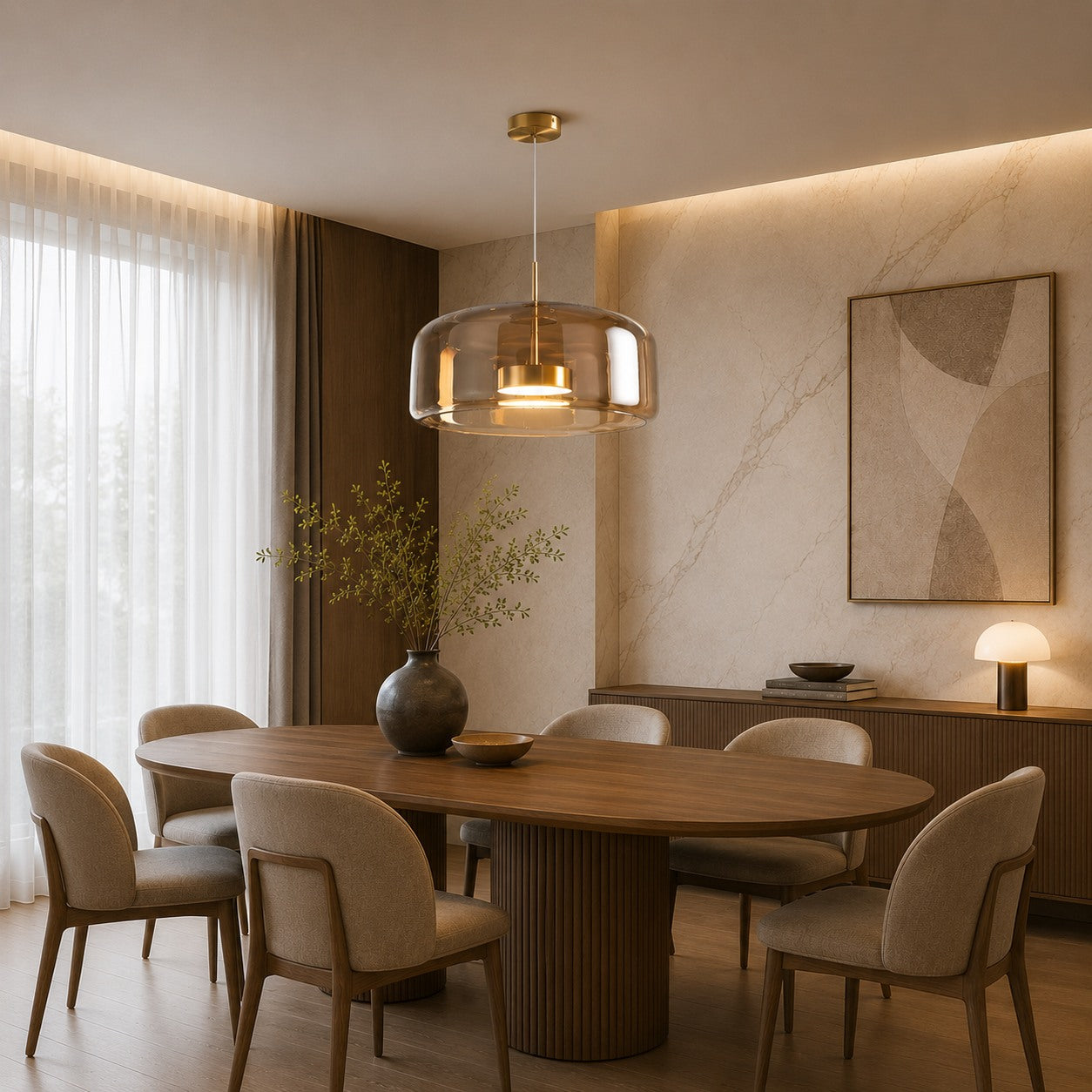 Modern Hanging Pendant Light Adjustable Black Iron Frame Hand-Blown Glass LED